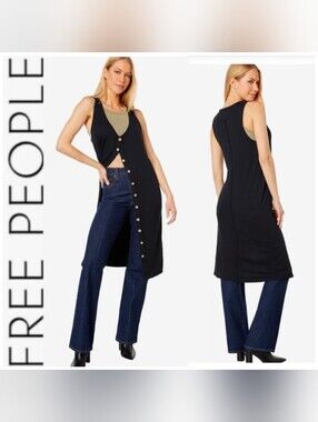 We The Free Black Button-Front Ribbed Tank Midi Dress